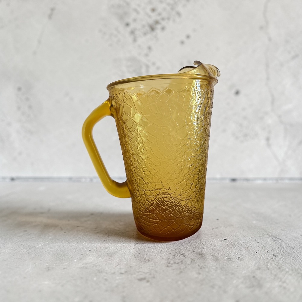 Vintage Amber Glass‎ Pitcher Textured Bark Crackle Pattern Mid Century Modern